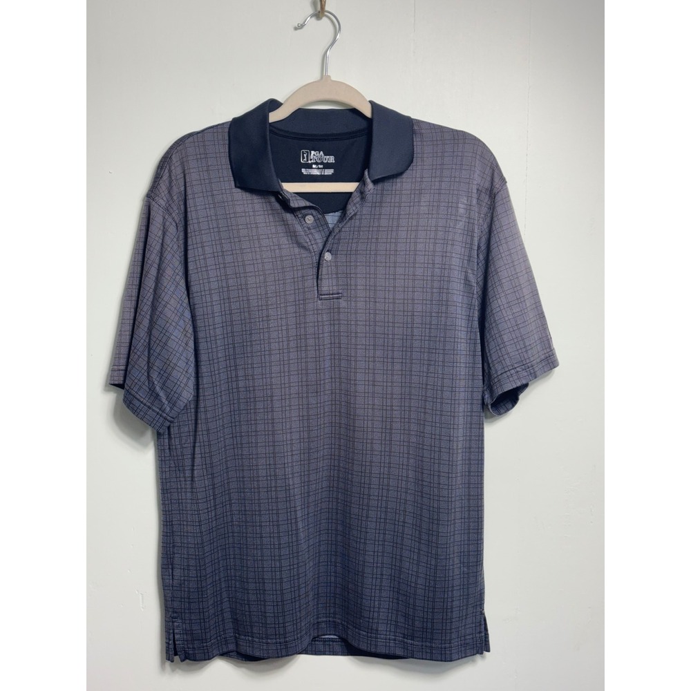 PGA Tour Mens Polo Shirt Medium Gray Plaid Short Sleeve Golf Performance Top